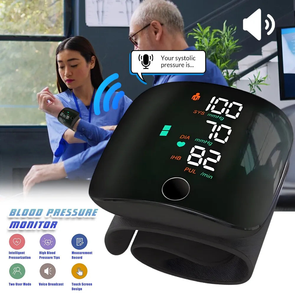 Digital Wrist Blood Pressure Monitor with Voice Assistant – Automatic BP Machine with Large LCD Display, Heart Rate Monitor, Arrhythmia Detection, 100 Memory Storage, Portable Home Use Blood Pressure Checker