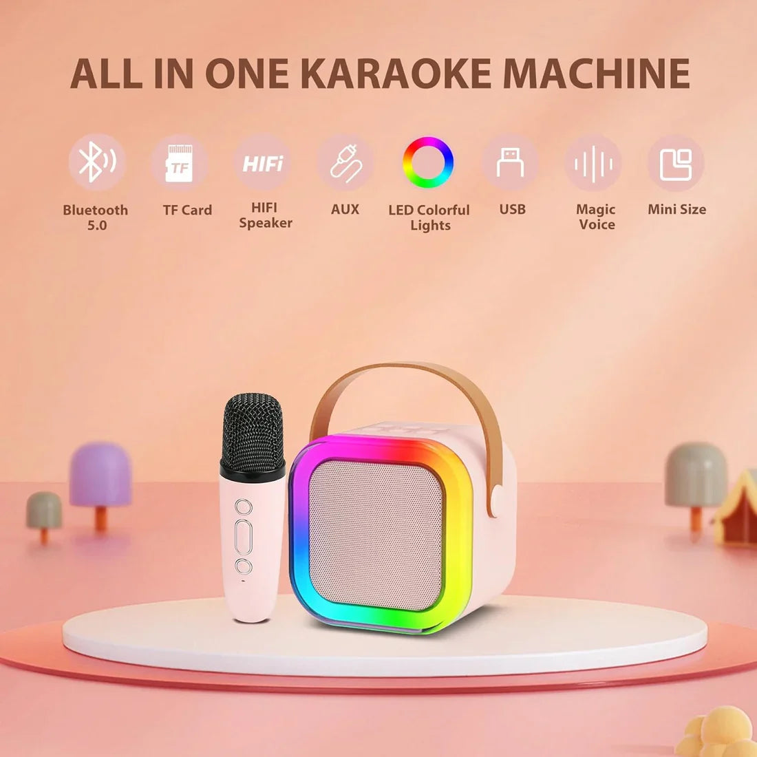 Mini Bluetooth Speaker and Mic with LED Lights for Kids Random Color