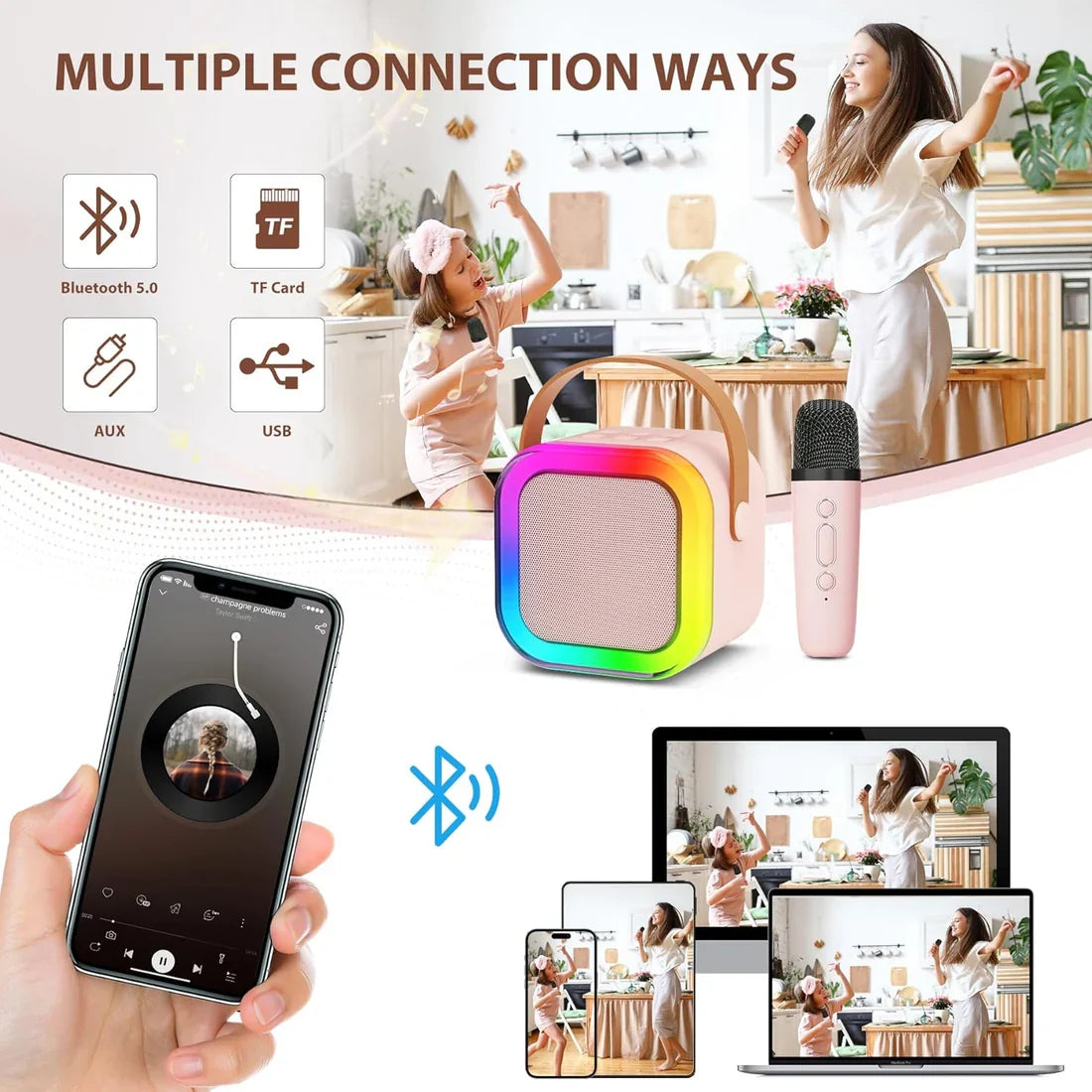 Mini Bluetooth Speaker and Mic with LED Lights for Kids Random Color