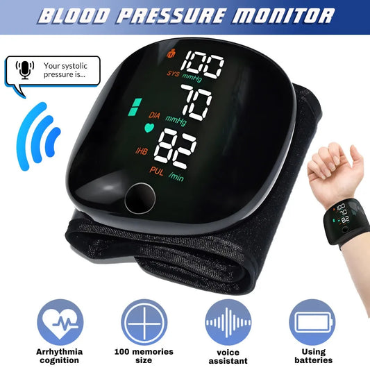 Digital Wrist Blood Pressure Monitor with Voice Assistant – Automatic BP Machine with Large LCD Display, Heart Rate Monitor, Arrhythmia Detection, 100 Memory Storage, Portable Home Use Blood Pressure Checker